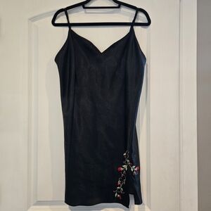 Sophia by Delicates Black Satin Slip Dress Floral Embroidery Size XL